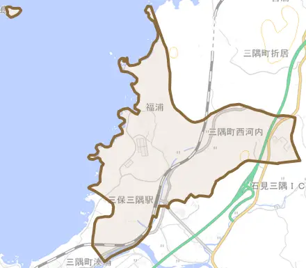 三隅町西河内とその周辺の地図。町の範囲を重ねている