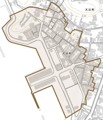 元浜町とその周辺の地図。町の範囲を重ねている