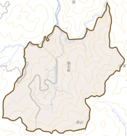 鍋石町とその周辺の地図。町の範囲を重ねている