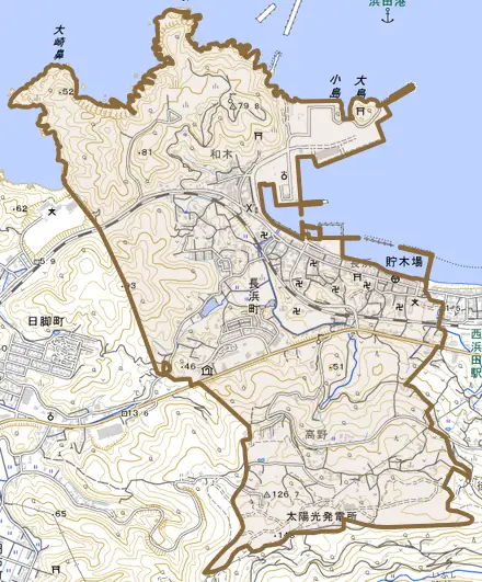 長浜町とその周辺の地図。町の範囲を重ねている