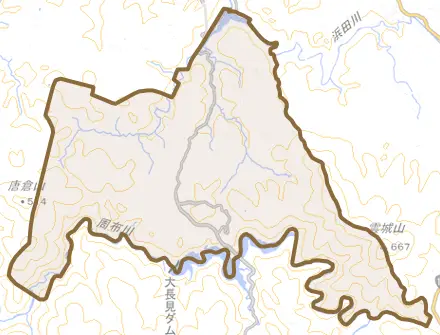 長見町とその周辺の地図。町の範囲を重ねている
