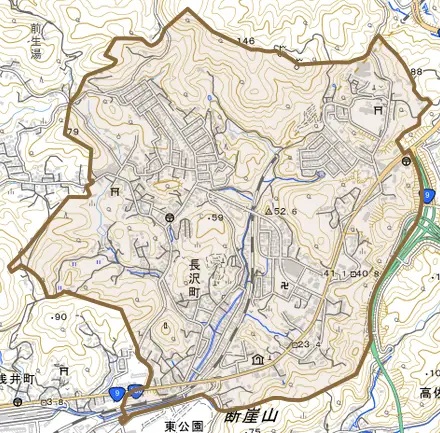 長沢町とその周辺の地図。町の範囲を重ねている