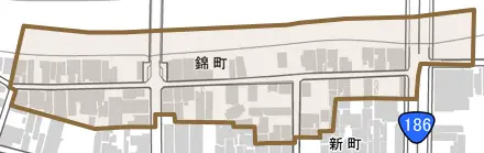 錦町とその周辺の地図。町の範囲を重ねている