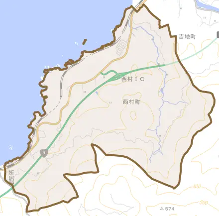 西村町とその周辺の地図。町の範囲を重ねている