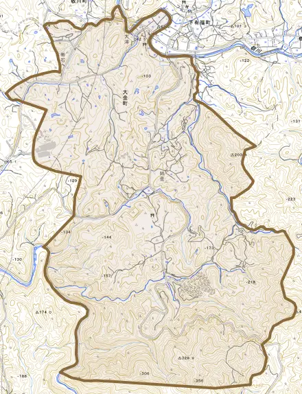 大金町とその周辺の地図。町の範囲を重ねている