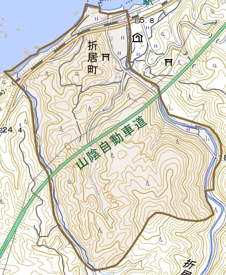 折居町とその周辺の地図。町の範囲を重ねている