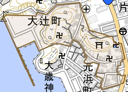 大辻町とその周辺の地図。町の範囲を重ねている