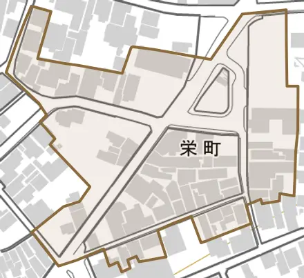 栄町とその周辺の地図。町の範囲を重ねている