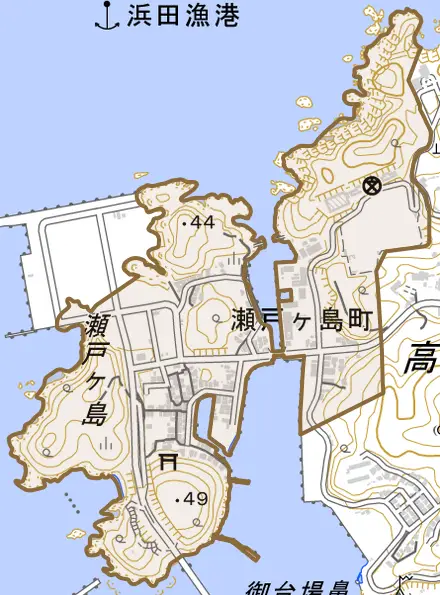 瀬戸ケ島町とその周辺の地図。町の範囲を重ねている