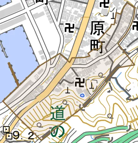 瀬戸見町とその周辺の地図。町の範囲を重ねている