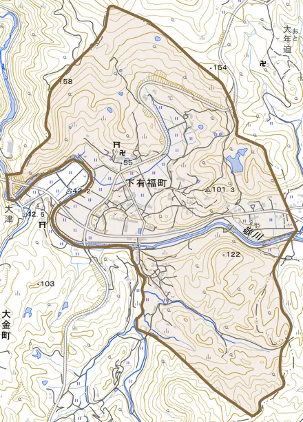 下有福町とその周辺の地図。町の範囲を重ねている