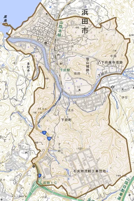 下府町とその周辺の地図。町の範囲を重ねている