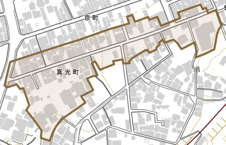 真光町とその周辺の地図。町の範囲を重ねている