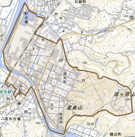 周布町とその周辺の地図。町の範囲を重ねている