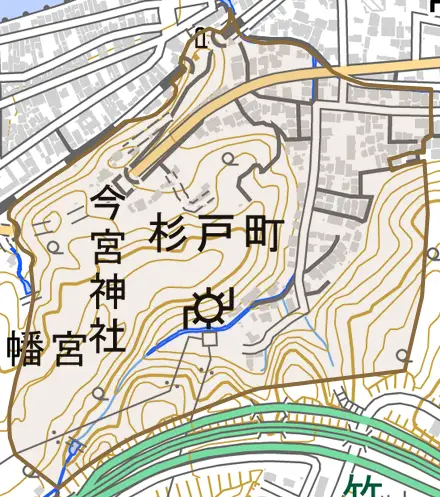 杉戸町とその周辺の地図。町の範囲を重ねている