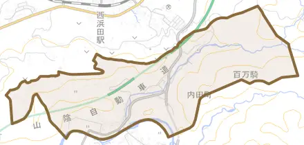 内田町とその周辺の地図。町の範囲を重ねている