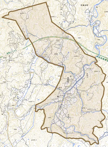 佐野町とその周辺の地図。町の範囲を重ねている