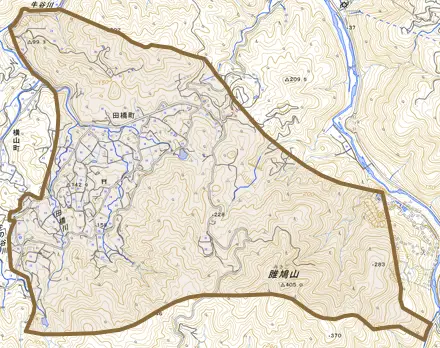 田橋町とその周辺の地図。町の範囲を重ねている