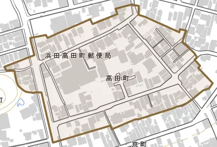 高田町とその周辺の地図。町の範囲を重ねている