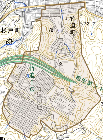 竹迫町とその周辺の地図。町の範囲を重ねている