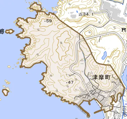 津摩町とその周辺の地図。町の範囲を重ねている