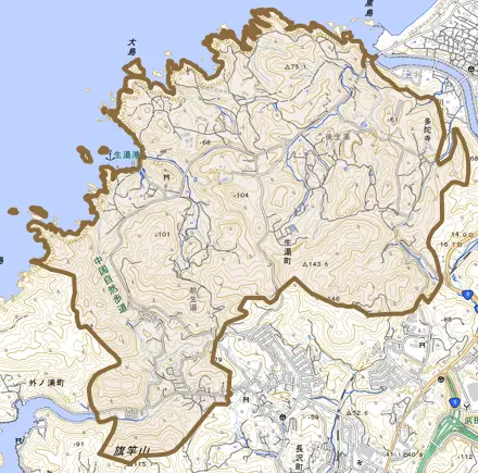 生湯町とその周辺の地図。町の範囲を重ねている