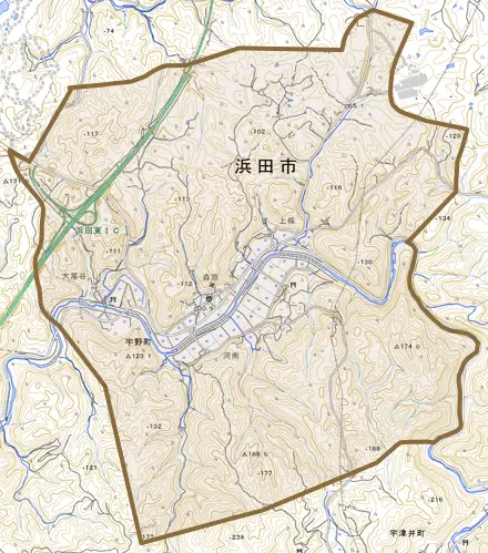 宇野町とその周辺の地図。町の範囲を重ねている