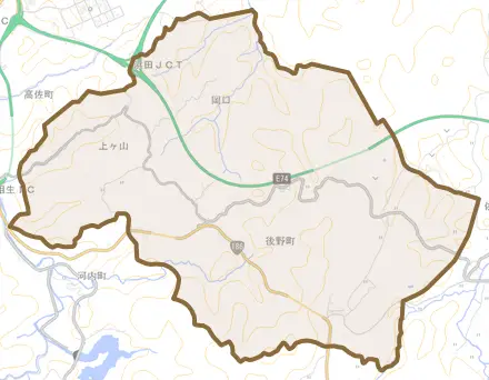 後野町とその周辺の地図。町の範囲を重ねている