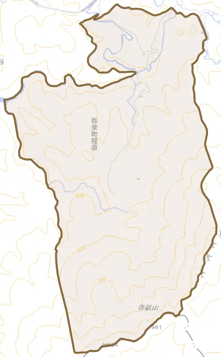 弥栄町程原とその周辺の地図。町の範囲を重ねている