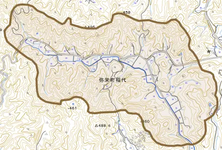 弥栄町稲代とその周辺の地図。町の範囲を重ねている