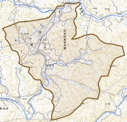 弥栄町長安本郷とその周辺の地図。町の範囲を重ねている
