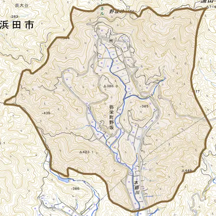 弥栄町野坂とその周辺の地図。町の範囲を重ねている