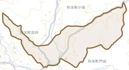 弥栄町高内とその周辺の地図。町の範囲を重ねている