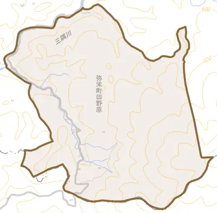 弥栄町田野原とその周辺の地図。町の範囲を重ねている