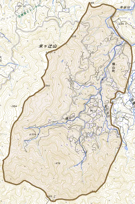 横山町とその周辺の地図。町の範囲を重ねている