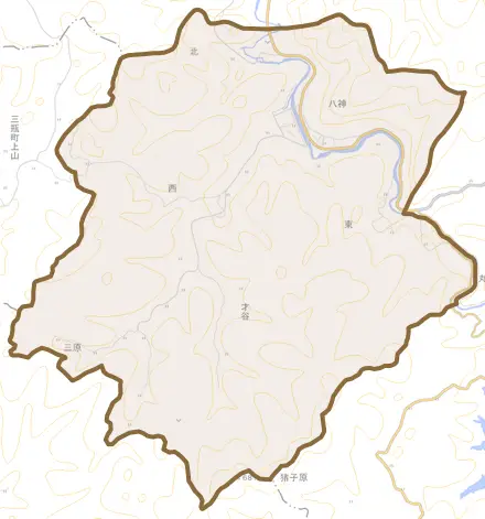 八神とその周辺の地図。町の範囲を重ねている