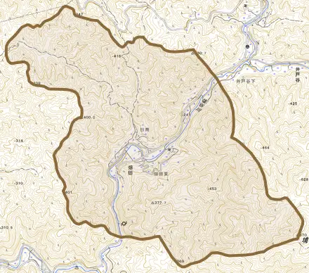 畑田とその周辺の地図。町の範囲を重ねている