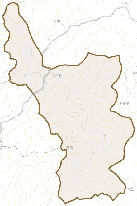 井戸谷とその周辺の地図。町の範囲を重ねている