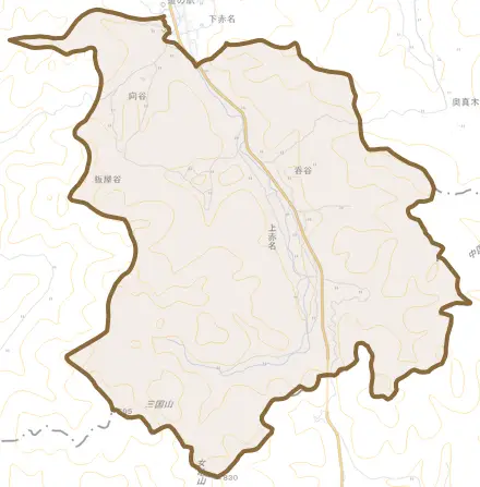 上赤名とその周辺の地図。町の範囲を重ねている