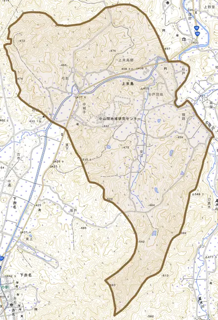 上来島とその周辺の地図。町の範囲を重ねている
