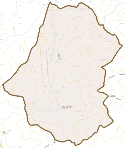 真木とその周辺の地図。町の範囲を重ねている