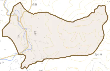 野萱とその周辺の地図。町の範囲を重ねている