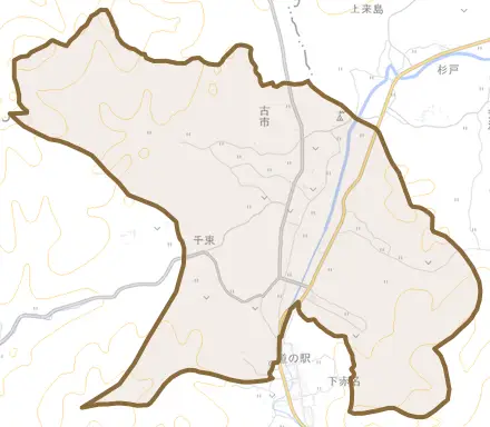 下赤名とその周辺の地図。町の範囲を重ねている