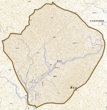 塩谷とその周辺の地図。町の範囲を重ねている