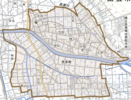 荒茅町とその周辺の地図。町の範囲を重ねている