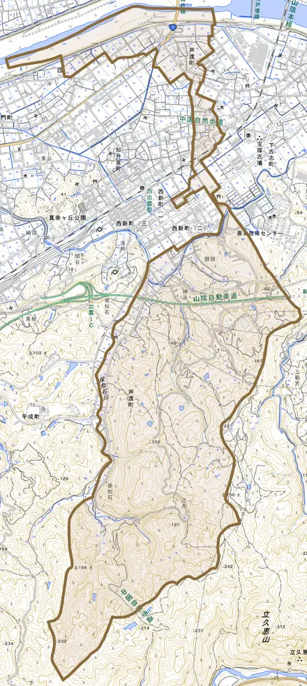 芦渡町とその周辺の地図。町の範囲を重ねている