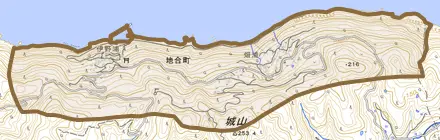 地合町とその周辺の地図。町の範囲を重ねている