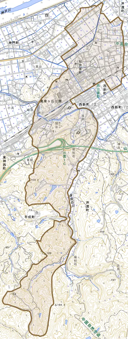 知井宮町とその周辺の地図。町の範囲を重ねている
