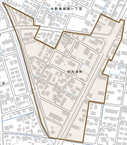 枝大津町とその周辺の地図。町の範囲を重ねている