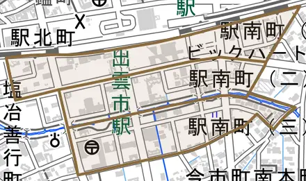 駅南町とその周辺の地図。町の範囲を重ねている